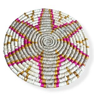 Handwoven Coiled Rattan Placemat Trivet‎ Bohemian 15" Pink Yellow Wall Hanging